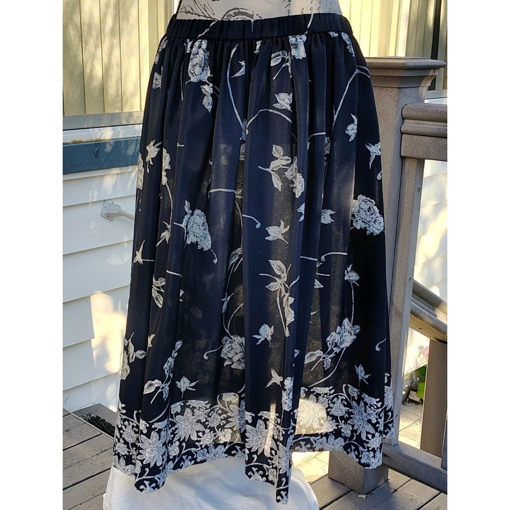 Vintage 90s Floral Sheer A‎ Line Midi Skirt 12 Navy White Boho Cottage Romantic